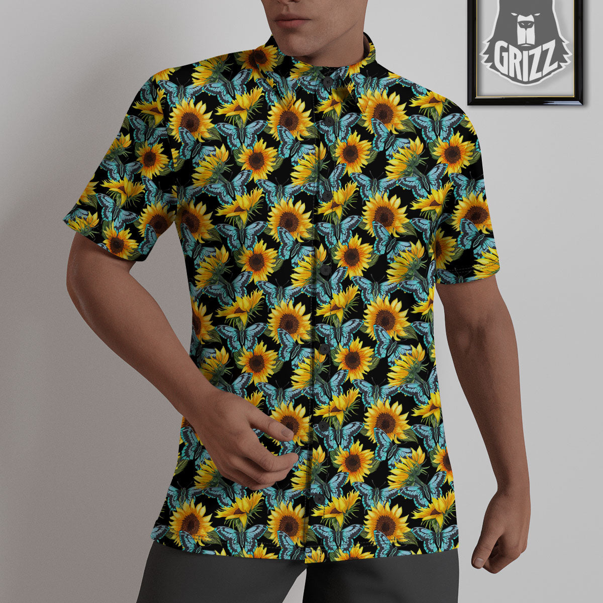 Sunflower Blue Butterfly Print Pattern Untucked Shirts-grizzshop