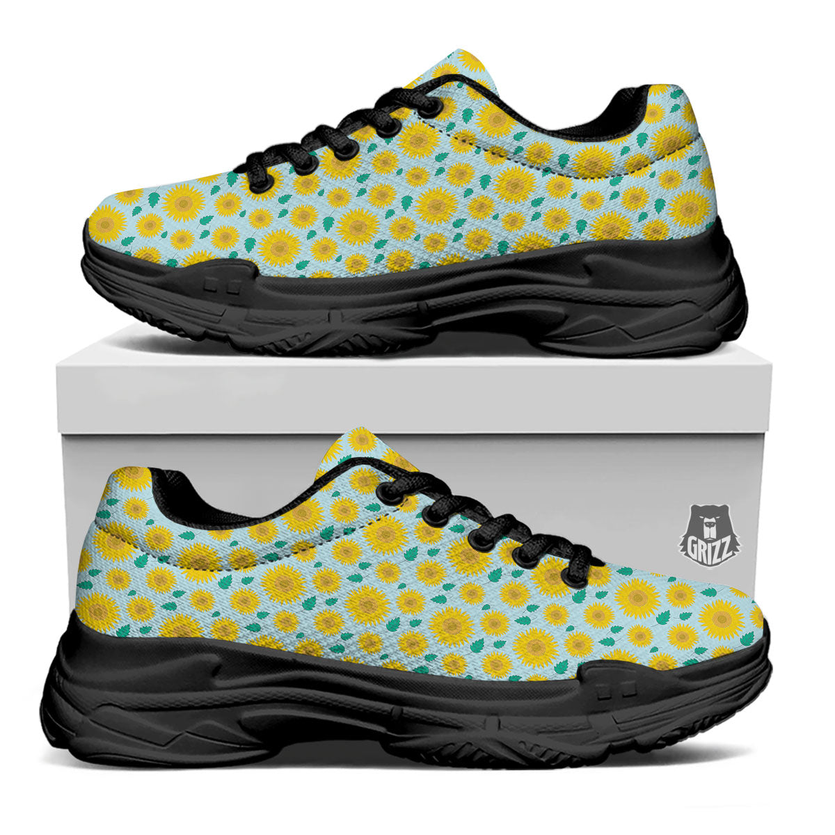 Sunflower Blue Cute Print Pattern Black Chunky Shoes-grizzshop
