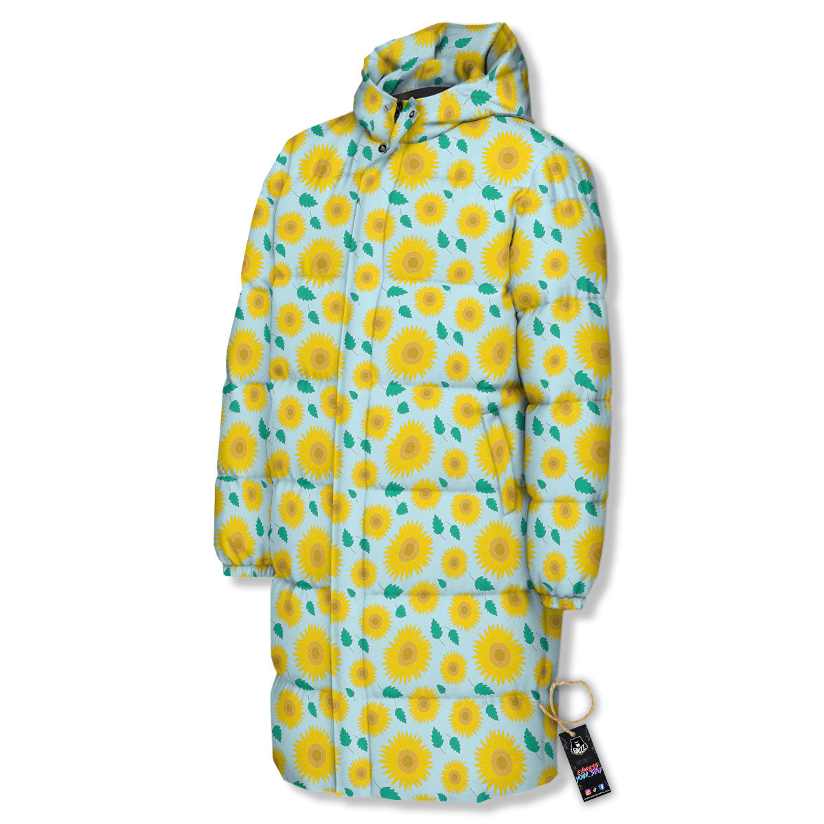 Sunflower Blue Cute Print Pattern Long Down Jacket-grizzshop