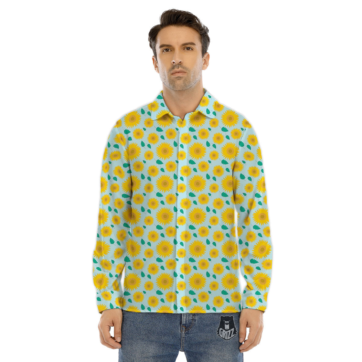 Sunflower Blue Cute Print Pattern Men's Dress Shirts-grizzshop
