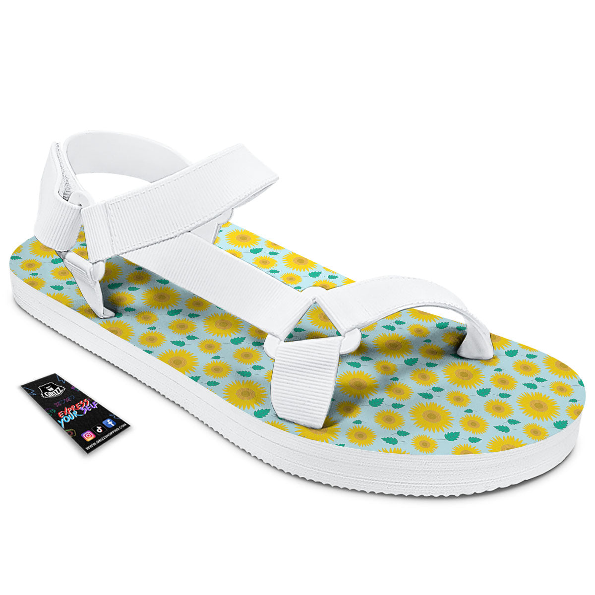 Sunflower Blue Cute Print Pattern White Open Toe Sandals-grizzshop