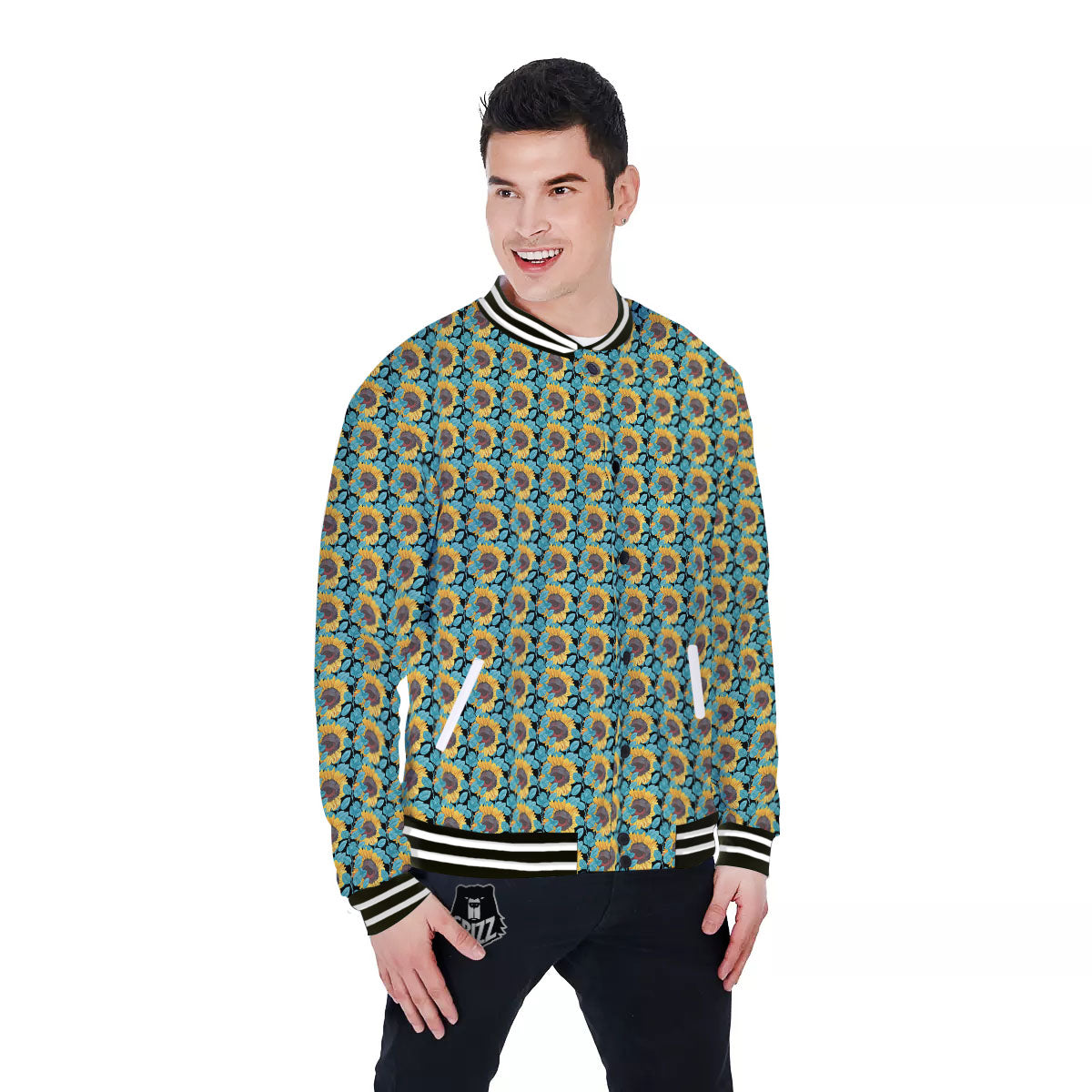 Sunflower Blue Print Pattern Baseball Jacket-grizzshop