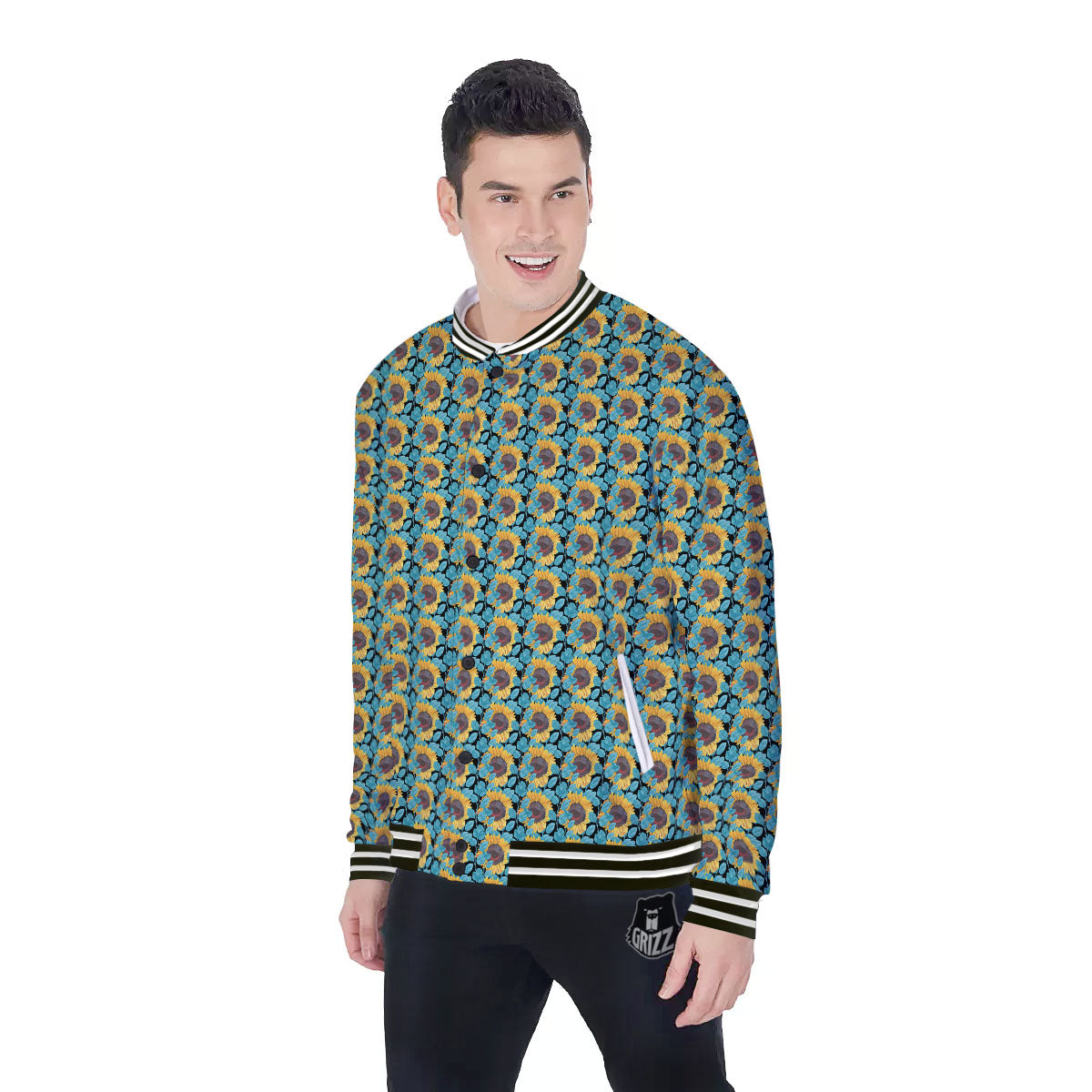 Sunflower Blue Print Pattern Baseball Jacket-grizzshop