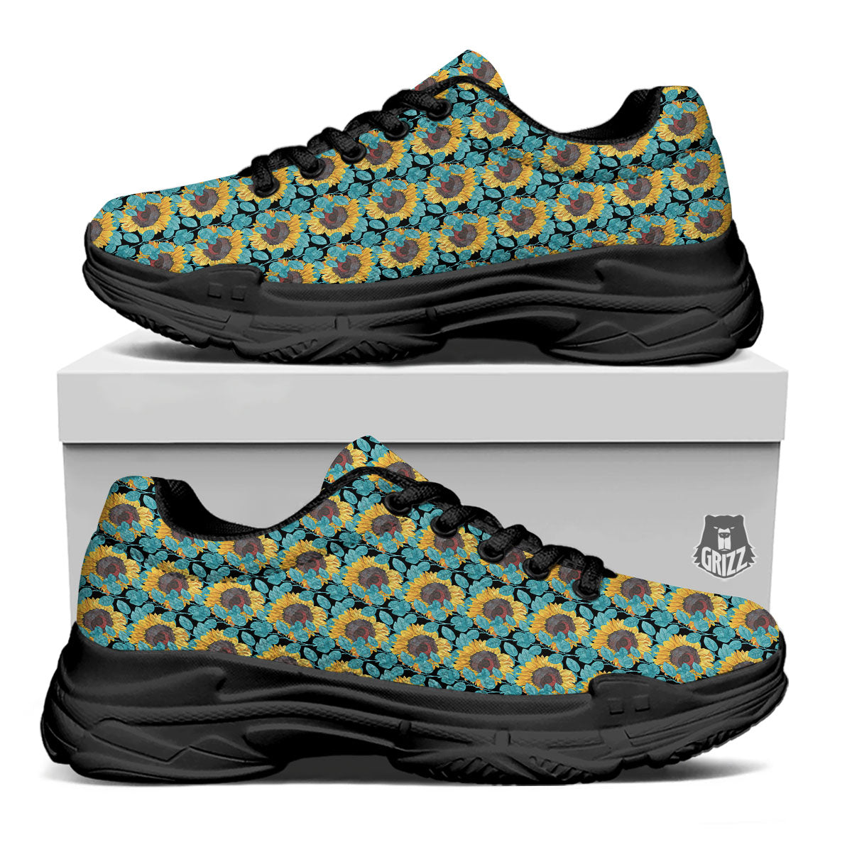 Sunflower Blue Print Pattern Black Chunky Shoes-grizzshop