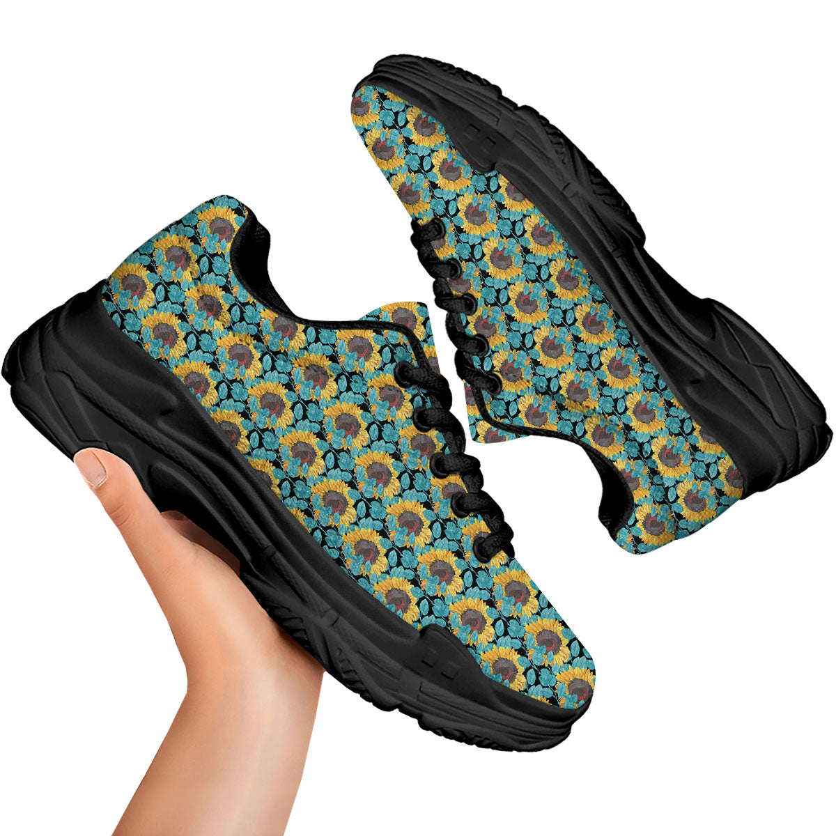Sunflower Blue Print Pattern Black Chunky Shoes-grizzshop