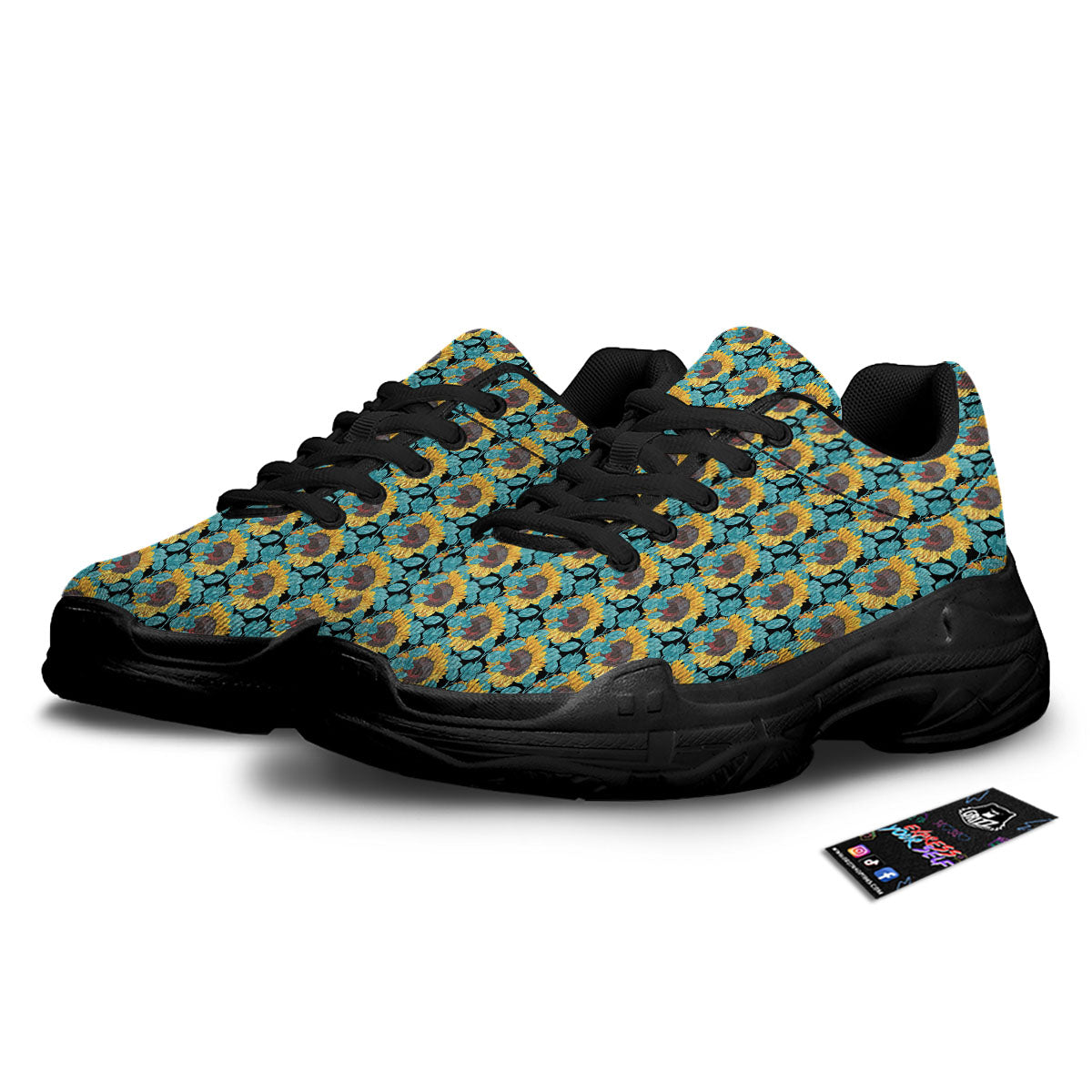 Sunflower Blue Print Pattern Black Chunky Shoes-grizzshop