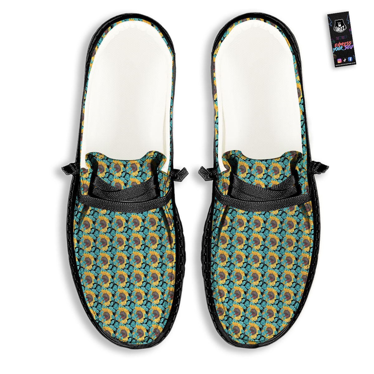 Sunflower Blue Print Pattern Black Loafers-grizzshop