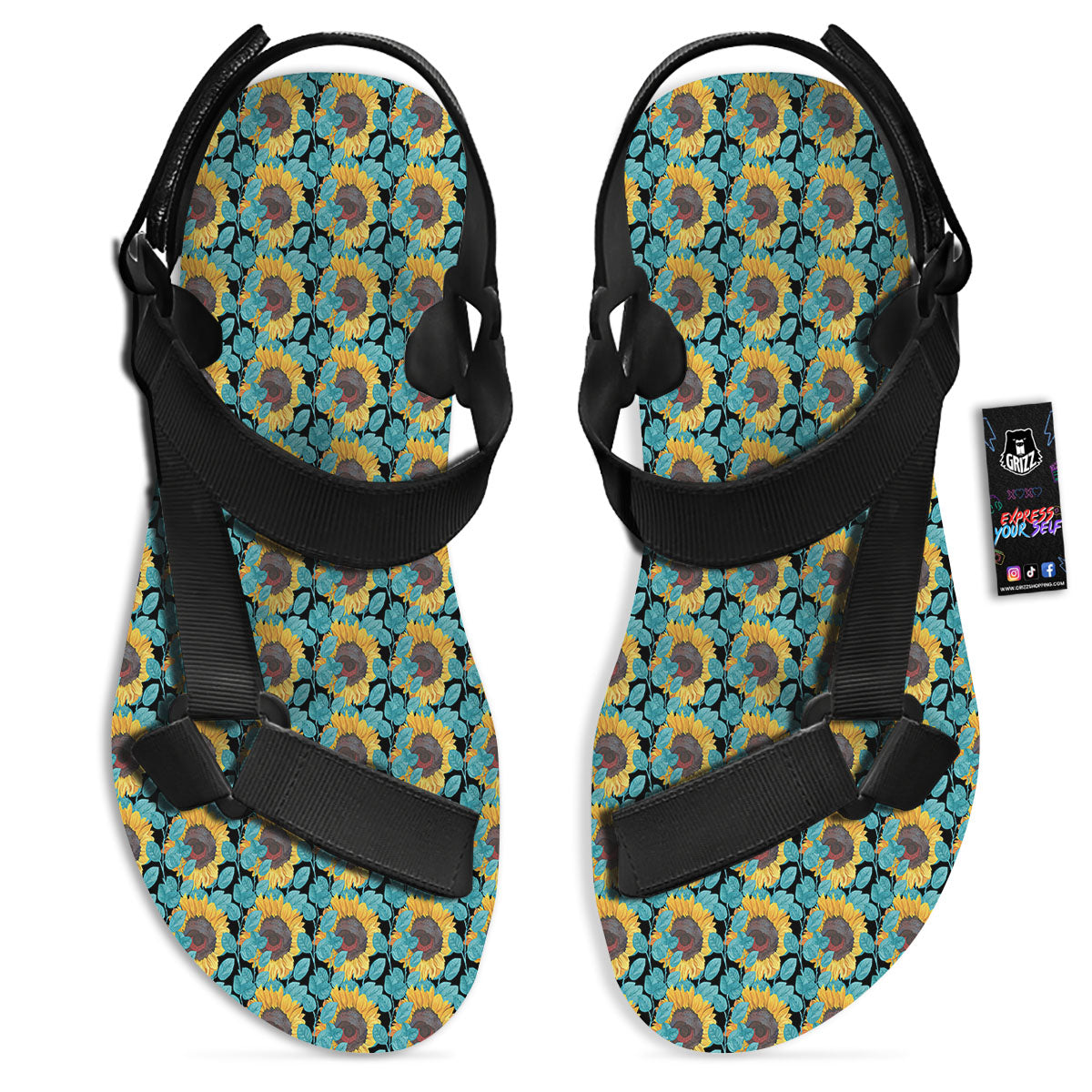 Sunflower Blue Print Pattern Black Open Toe Sandals-grizzshop