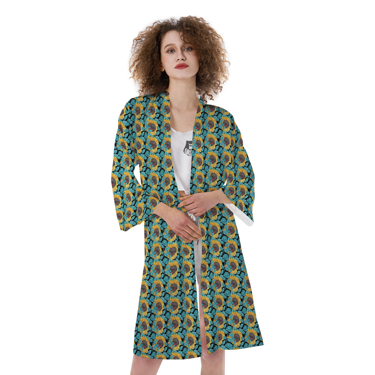 Sunflower Blue Print Pattern Kimono-grizzshop