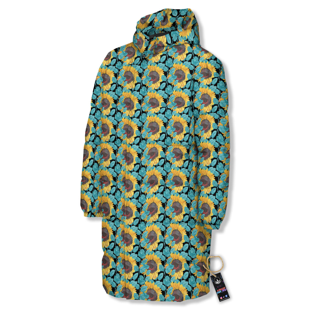 Sunflower Blue Print Pattern Long Down Jacket-grizzshop