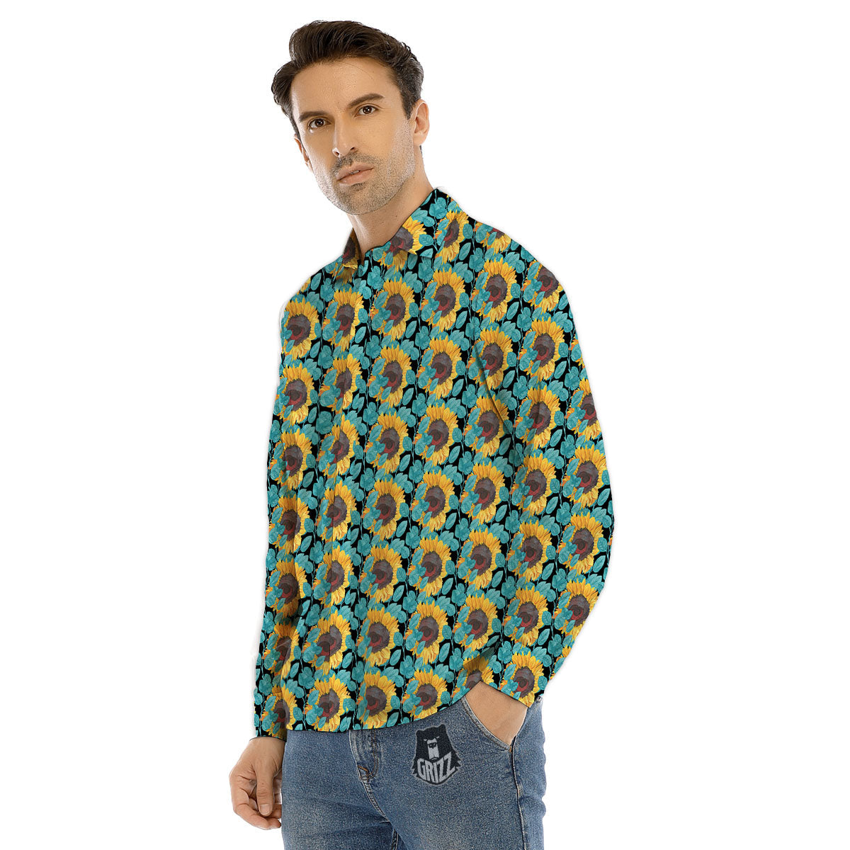 Sunflower Blue Print Pattern Men's Dress Shirts-grizzshop