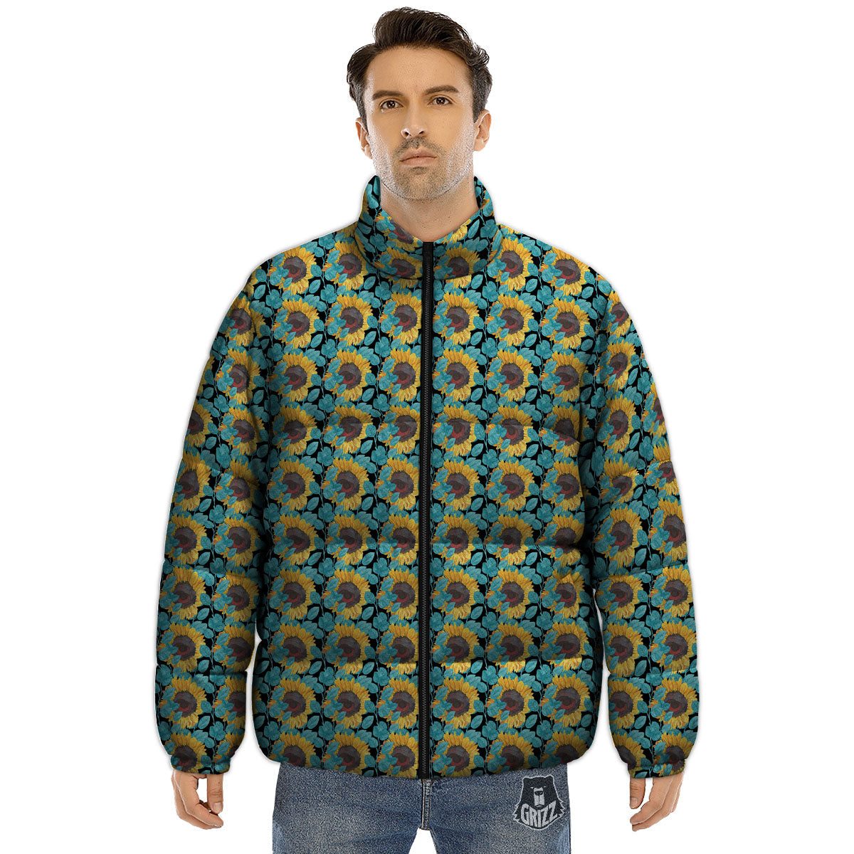 Sunflower Blue Print Pattern Puffer Jacket-grizzshop