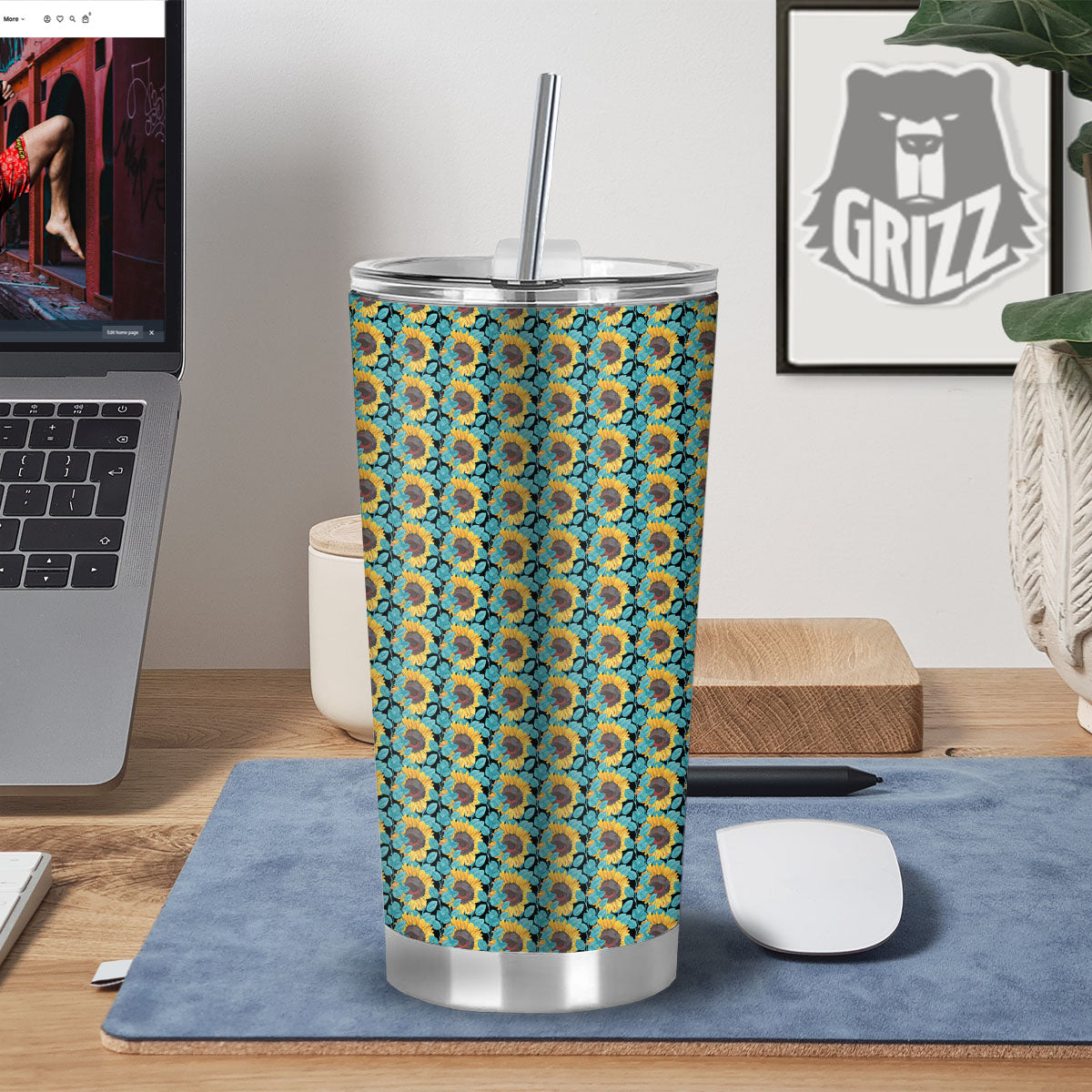 Sunflower Blue Print Pattern Tumbler-grizzshop