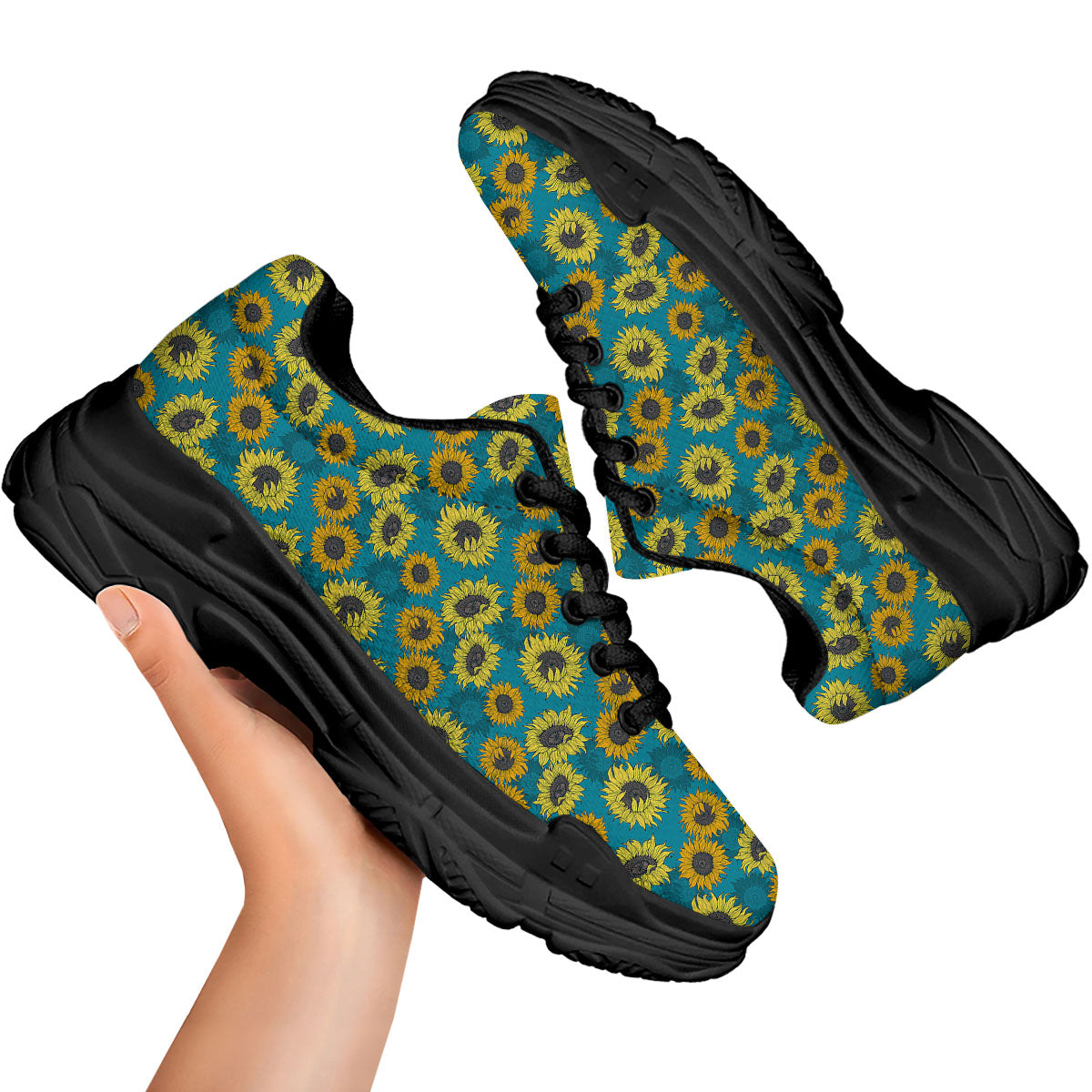 Sunflower Blue Vintage Print Pattern Black Chunky Shoes-grizzshop