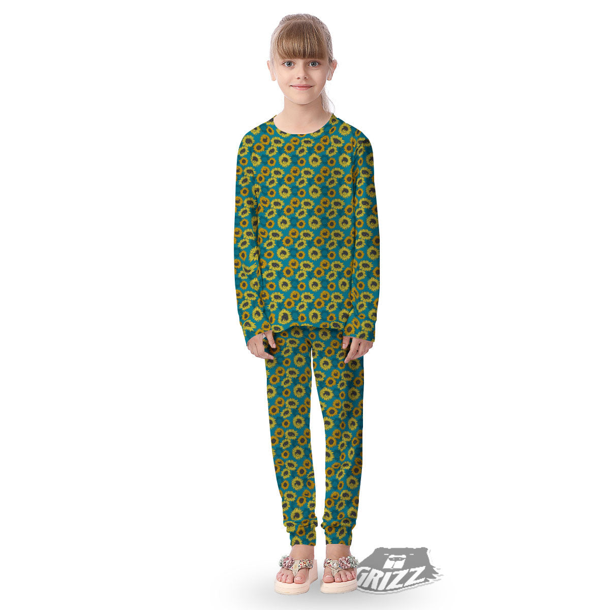 Sunflower Blue Vintage Print Pattern Kid's Pajamas-grizzshop