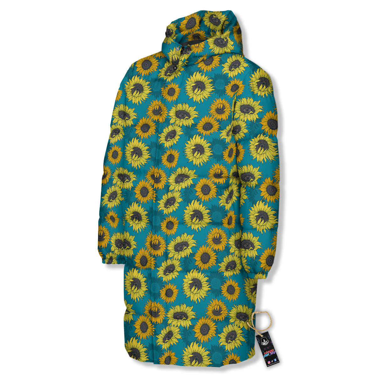 Sunflower Blue Vintage Print Pattern Long Down Jacket-grizzshop