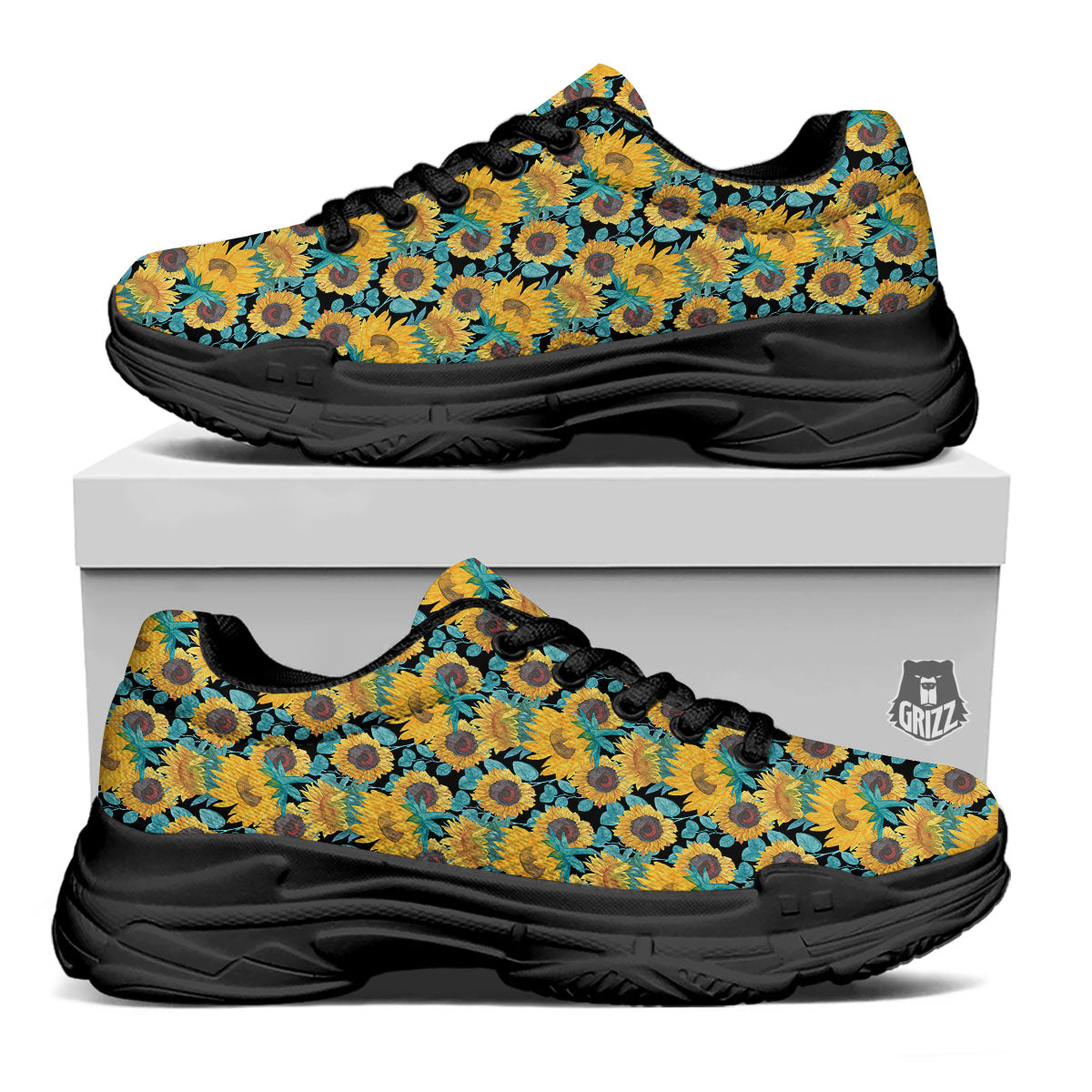 Sunflower Bright Print Pattern Black Chunky Shoes-grizzshop