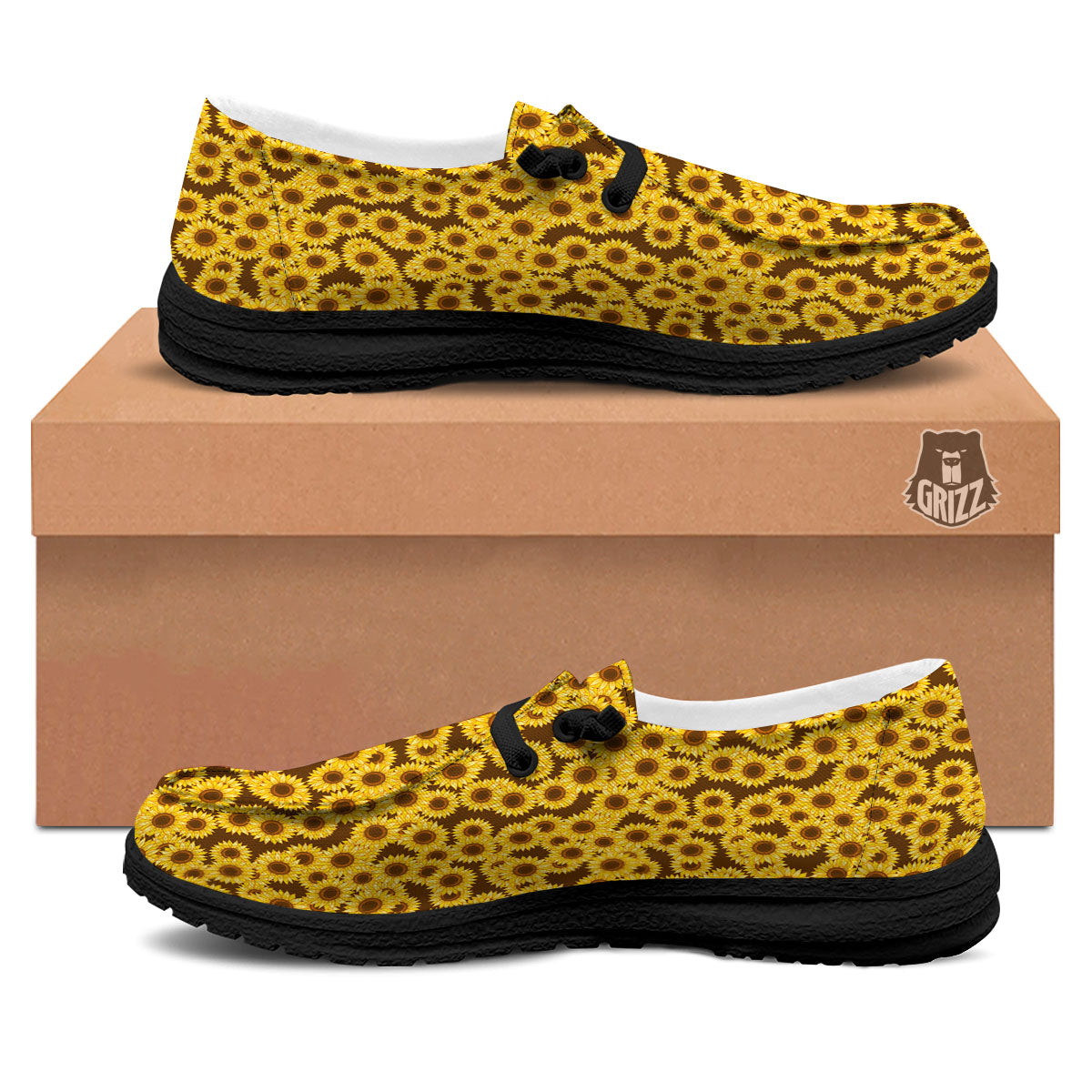 Sunflower Brown Print Pattern Black Loafers-grizzshop