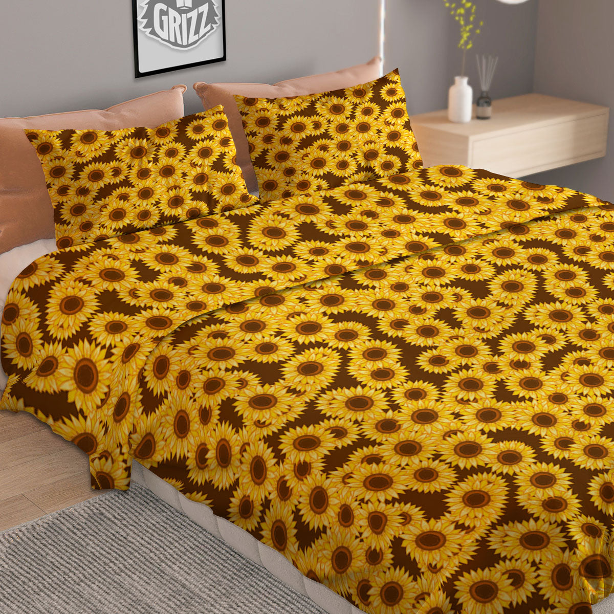 Sunflower Brown Print Pattern Duvet Cover Bedding Set-grizzshop