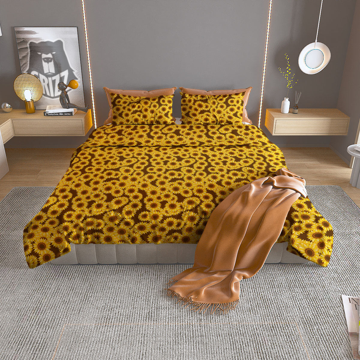 Sunflower Brown Print Pattern Duvet Cover Bedding Set-grizzshop