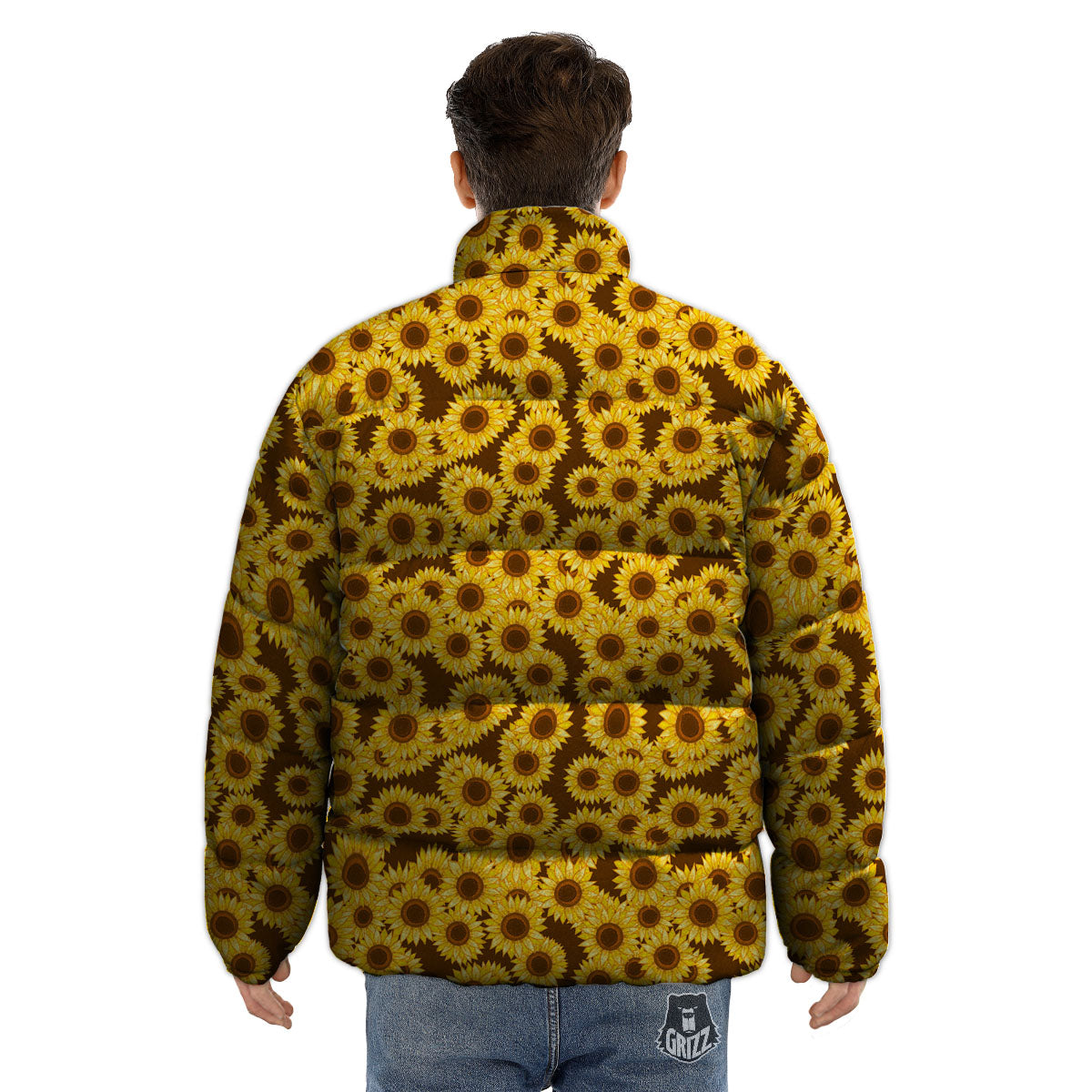Sunflower Brown Print Pattern Puffer Jacket-grizzshop