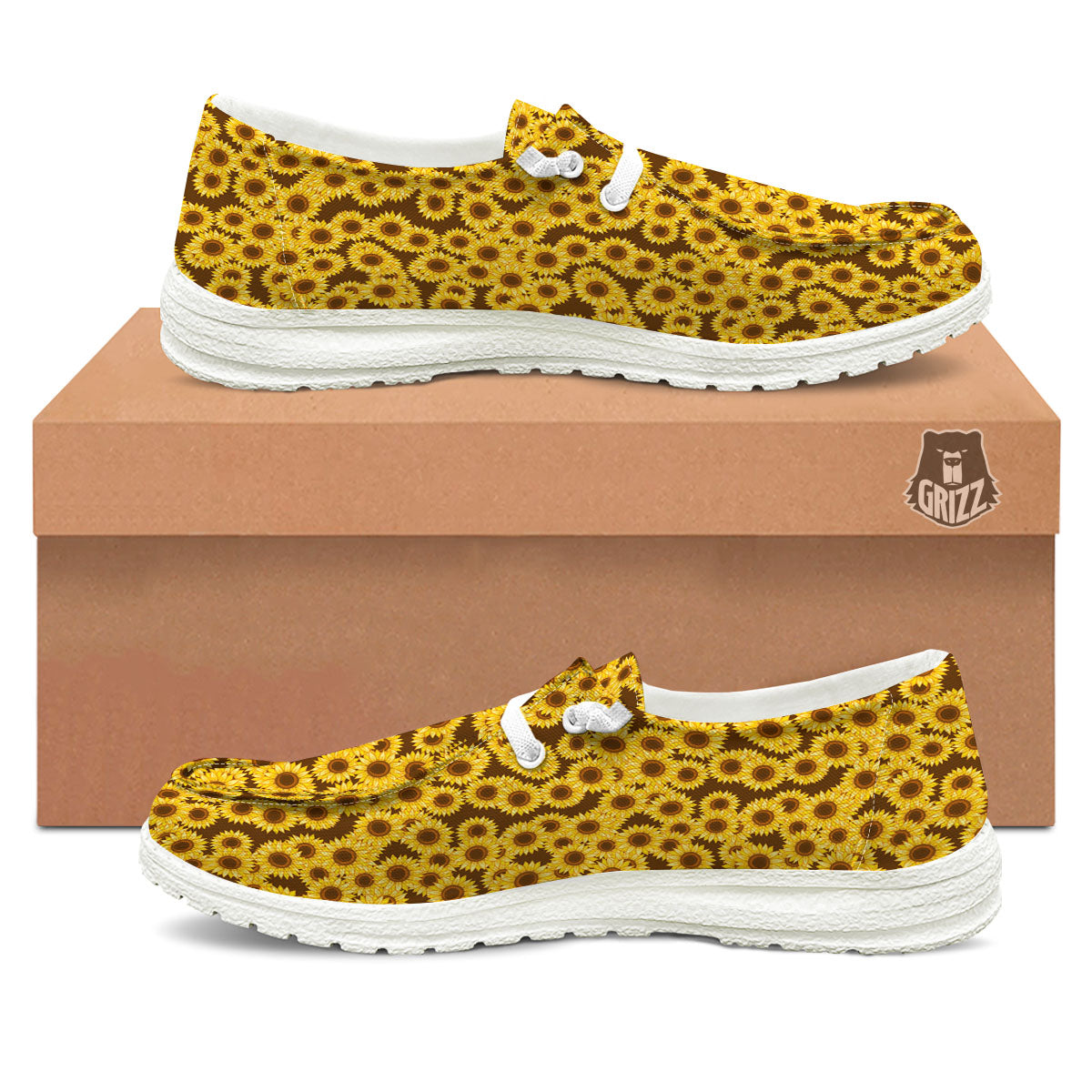 Sunflower Brown Print Pattern White Loafers-grizzshop