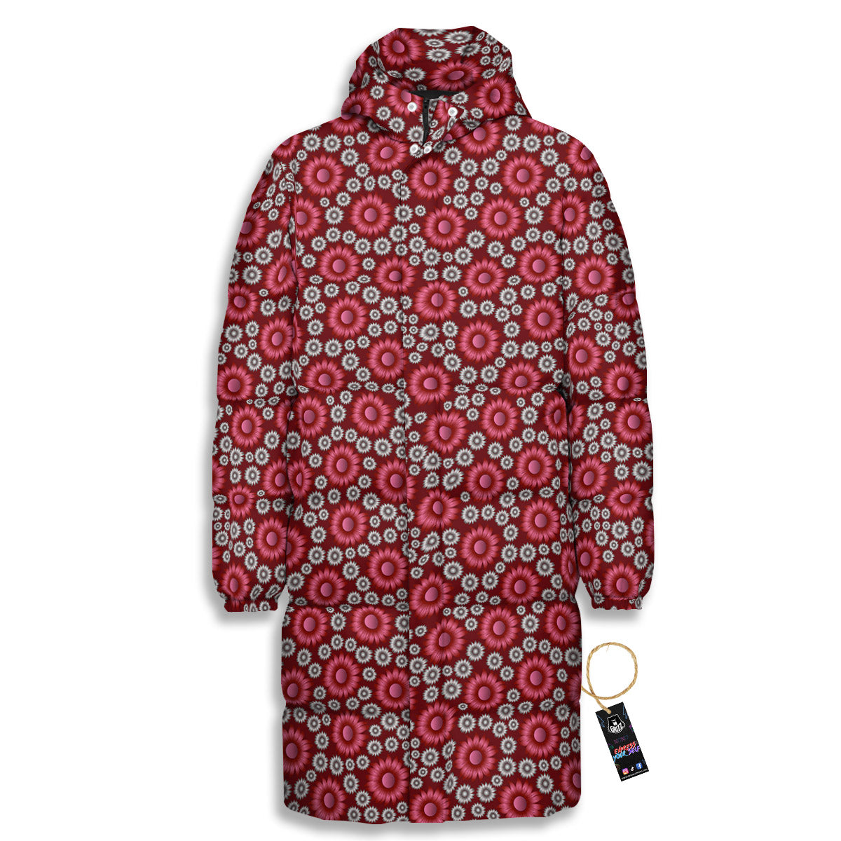 Sunflower Burgundy Print Pattern Long Down Jacket-grizzshop