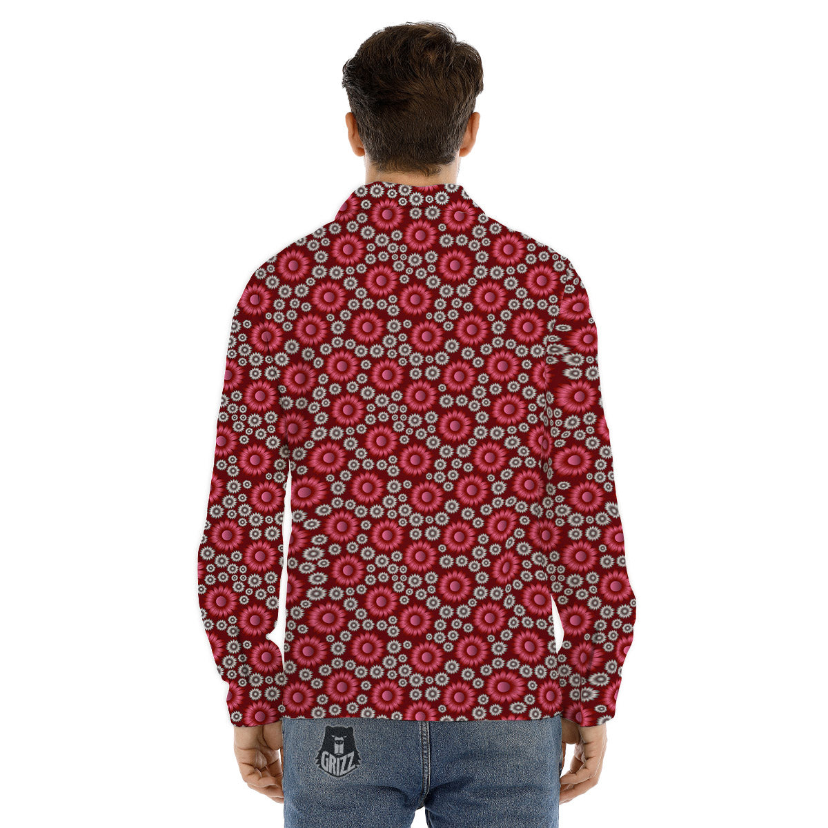 Sunflower Burgundy Print Pattern Men's Dress Shirts-grizzshop