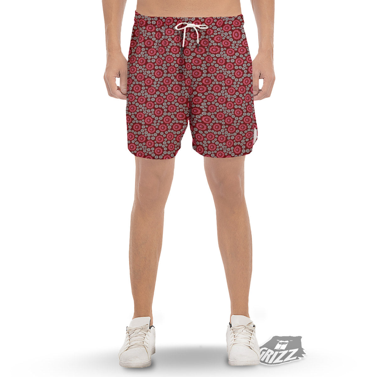 Sunflower Burgundy Print Pattern Men's Gym Shorts-grizzshop