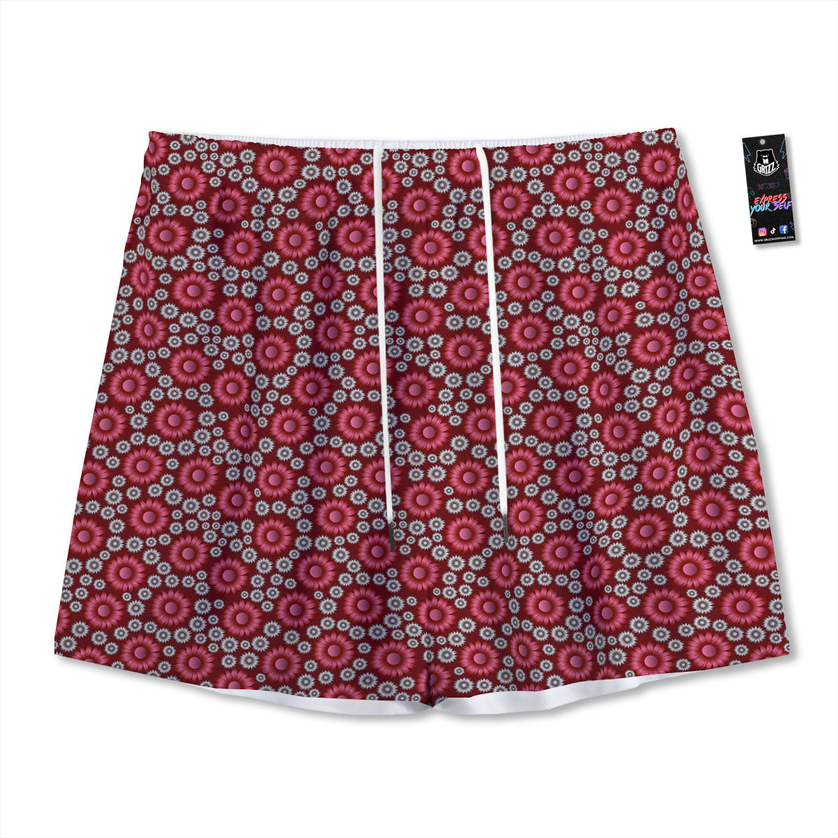 Sunflower Burgundy Print Pattern Mesh Shorts-grizzshop