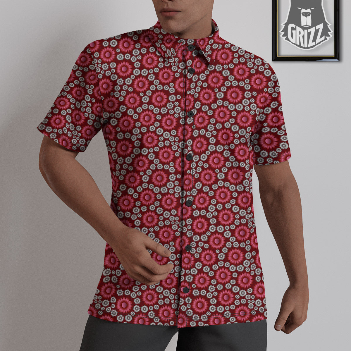 Sunflower Burgundy Print Pattern Untucked Shirts-grizzshop