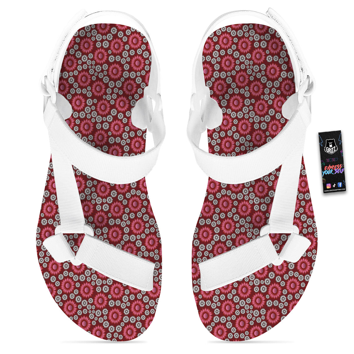 Sunflower Burgundy Print Pattern White Open Toe Sandals-grizzshop