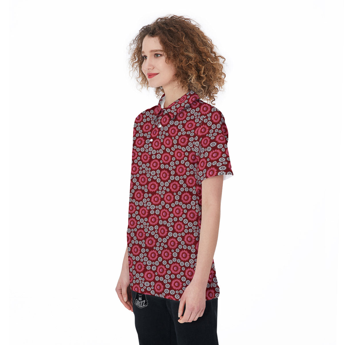 Sunflower Burgundy Print Pattern Women's Golf Shirts-grizzshop