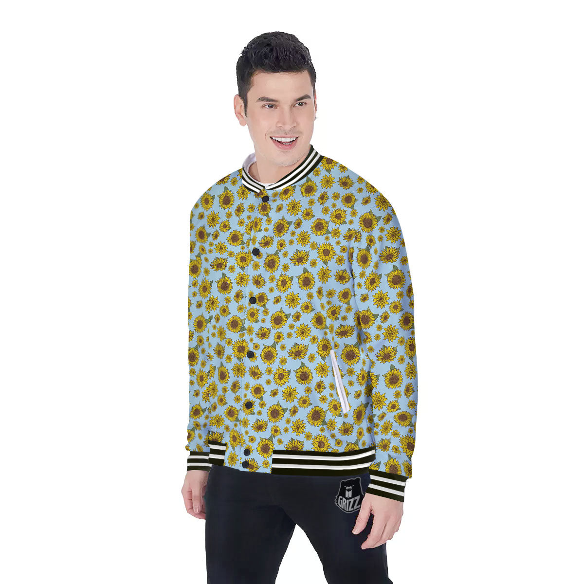 Sunflower Doodle Print Pattern Baseball Jacket-grizzshop
