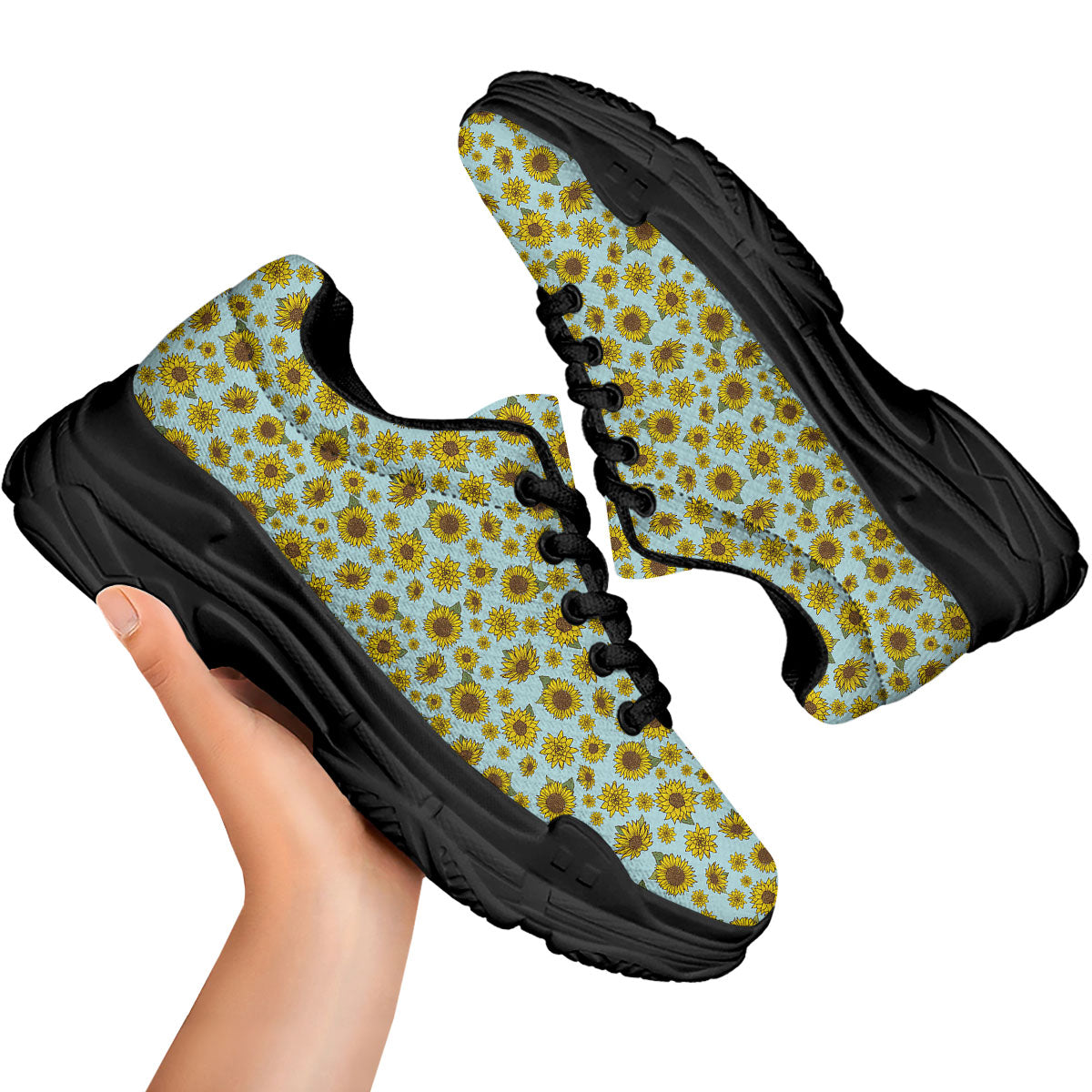 Sunflower Doodle Print Pattern Black Chunky Shoes-grizzshop