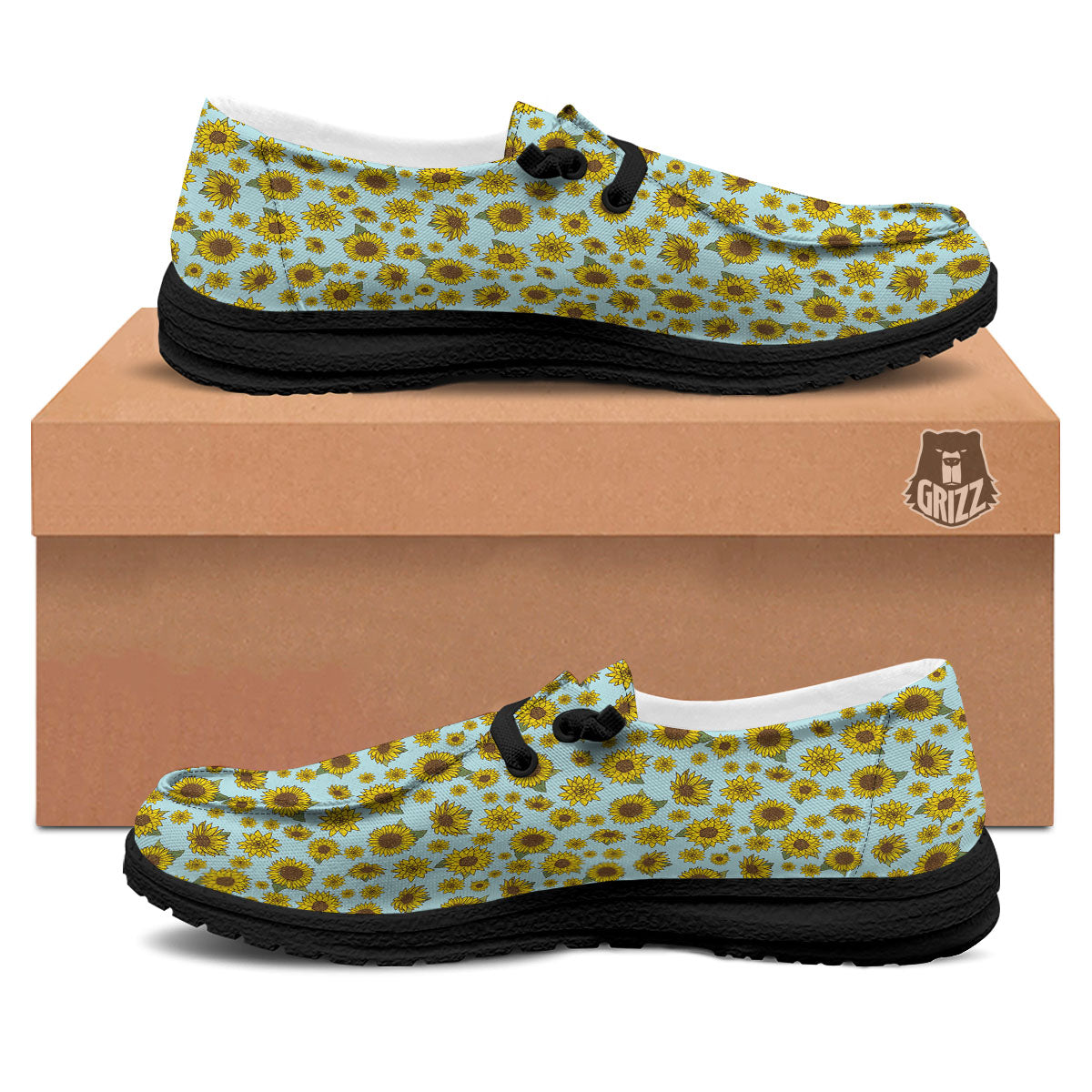 Sunflower Doodle Print Pattern Black Loafers-grizzshop