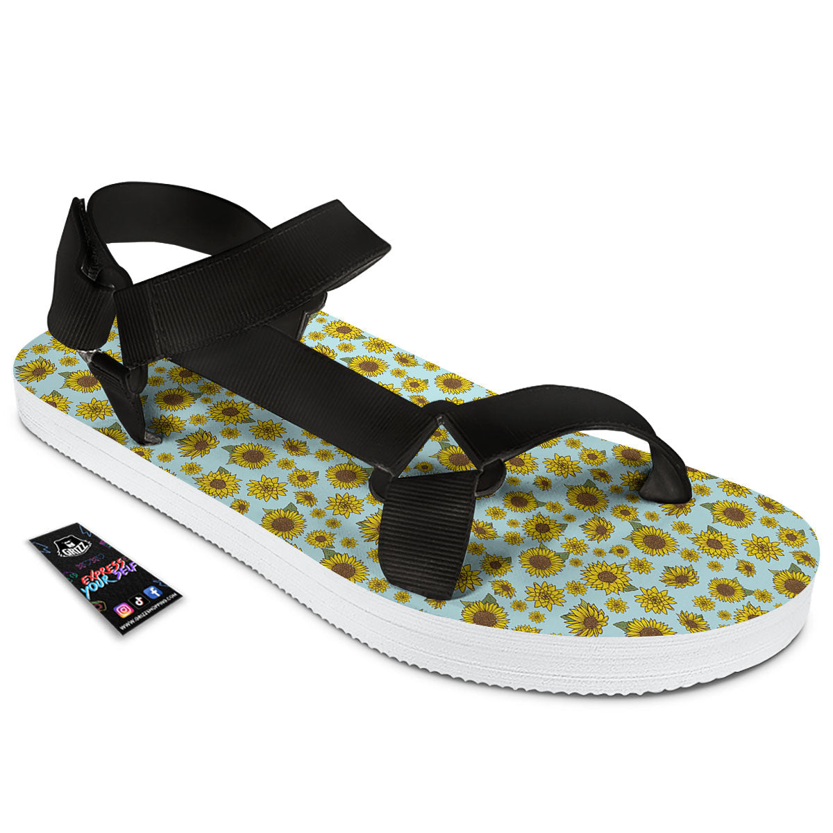 Sunflower Doodle Print Pattern Black Open Toe Sandals-grizzshop
