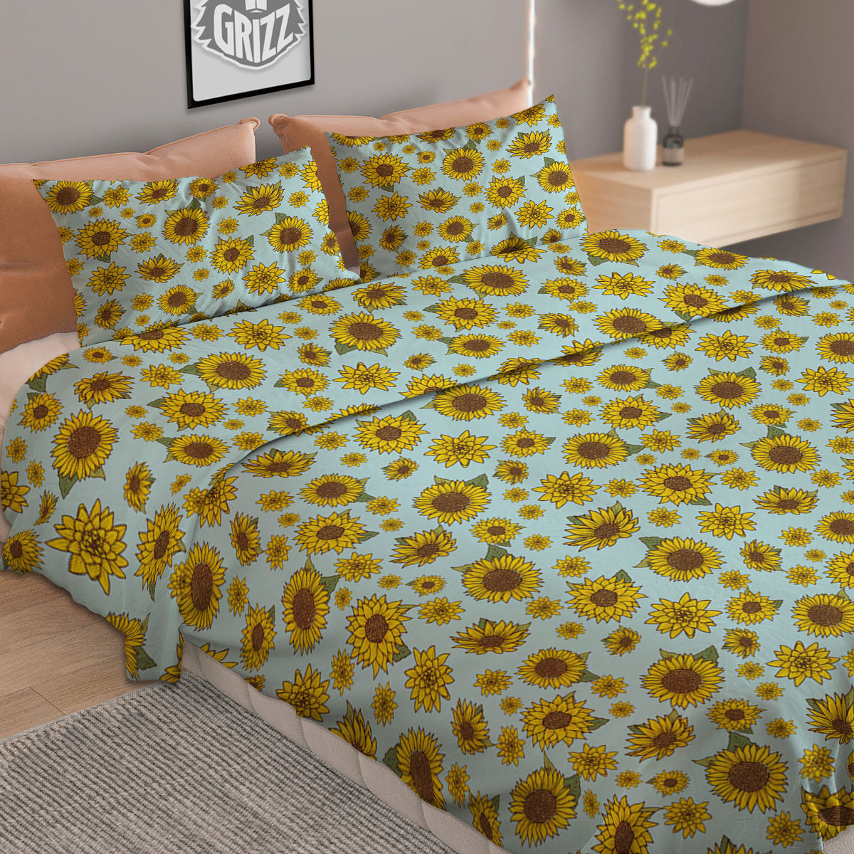 Sunflower Doodle Print Pattern Duvet Cover Bedding Set-grizzshop