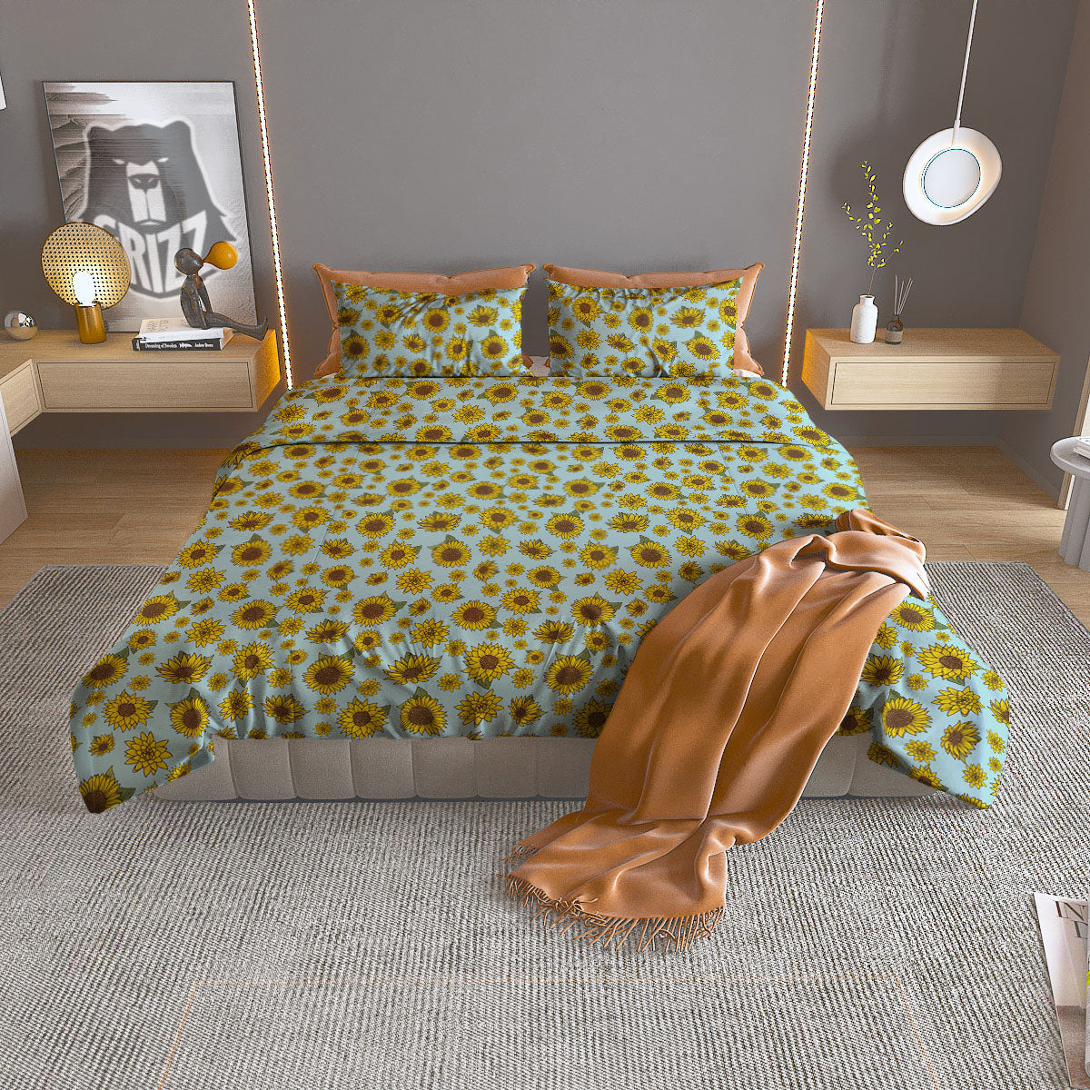 Sunflower Doodle Print Pattern Duvet Cover Bedding Set-grizzshop