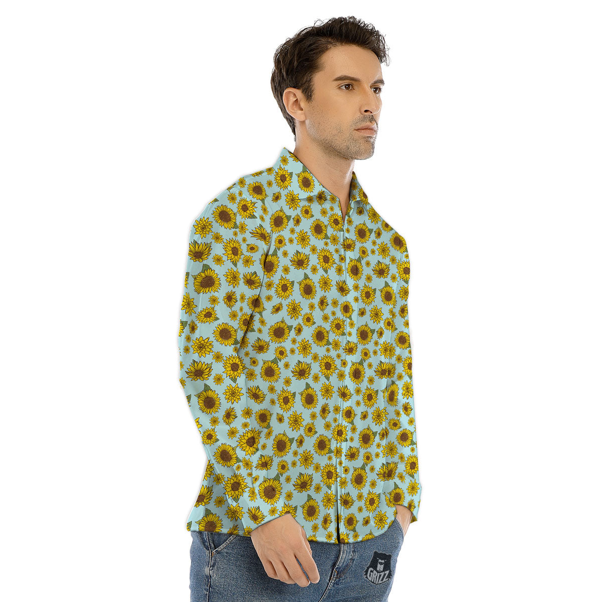Sunflower Doodle Print Pattern Men's Dress Shirts-grizzshop