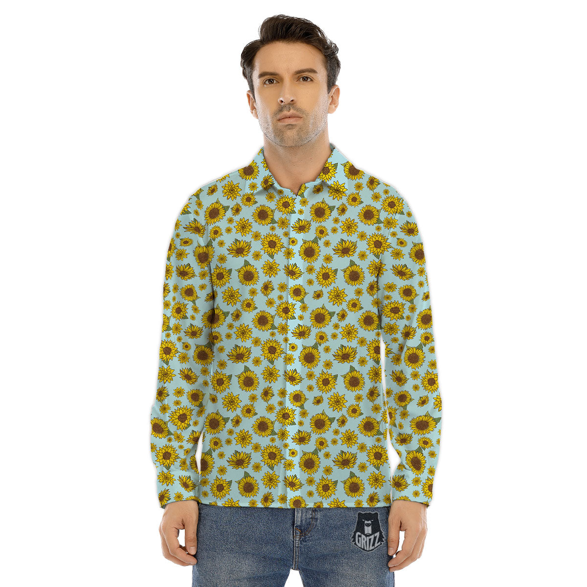 Sunflower Doodle Print Pattern Men's Dress Shirts-grizzshop