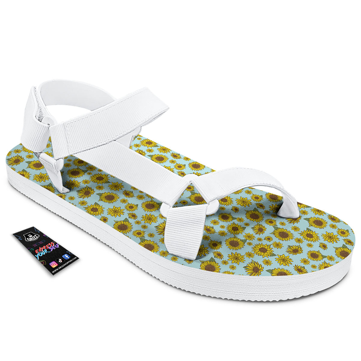 Sunflower Doodle Print Pattern White Open Toe Sandals-grizzshop