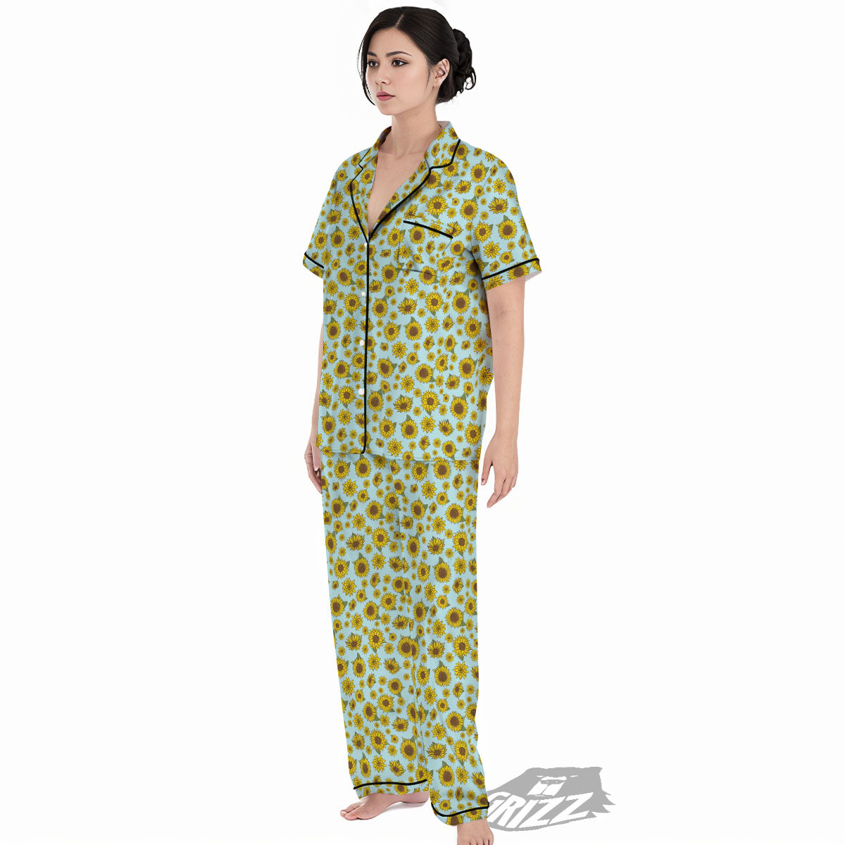 Sunflower Doodle Print Pattern Women's Pajamas Set-grizzshop