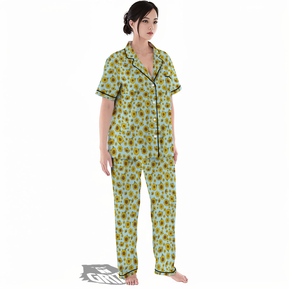 Sunflower Doodle Print Pattern Women's Pajamas Set-grizzshop
