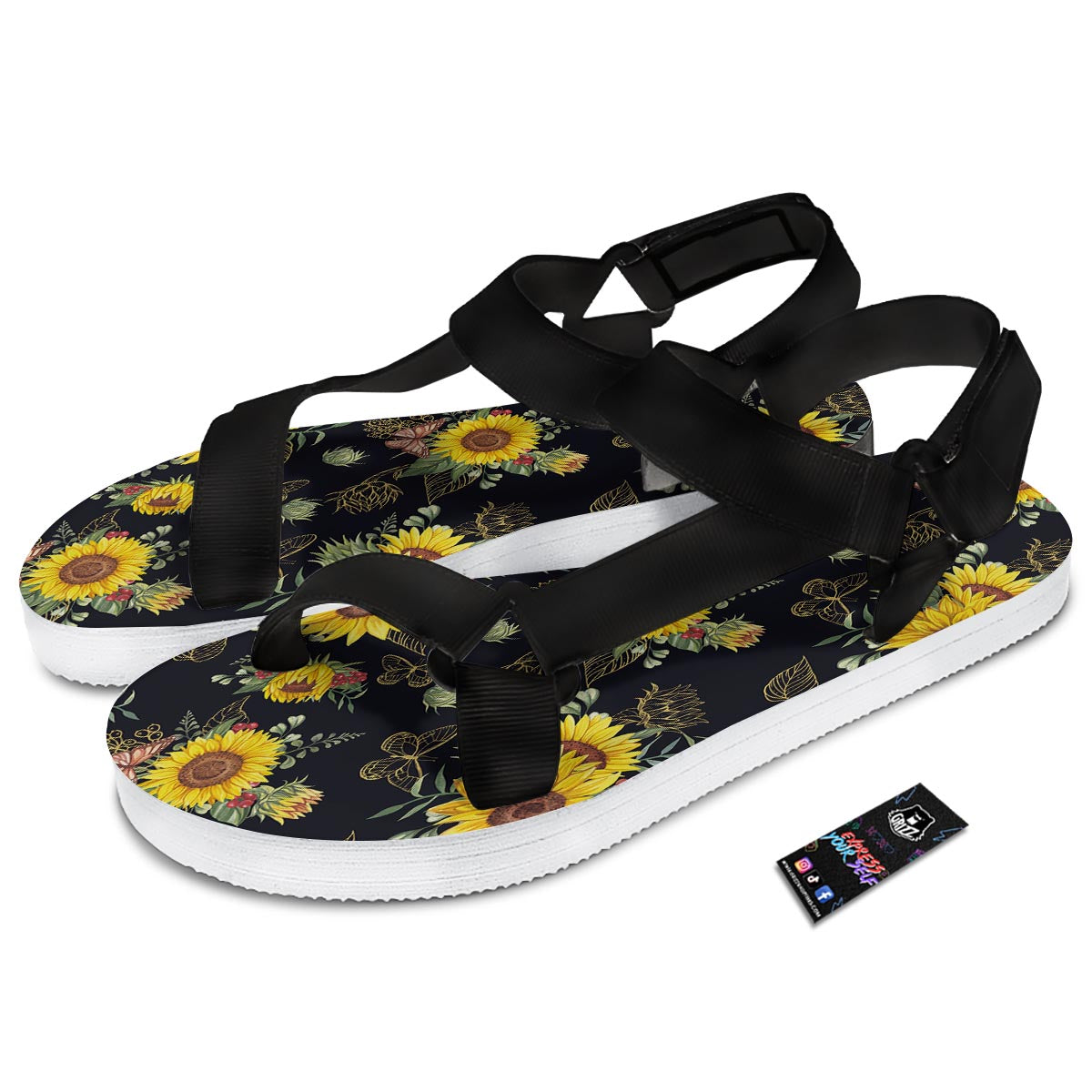 Sunflower Field Print Pattern Black Open Toe Sandals-grizzshop