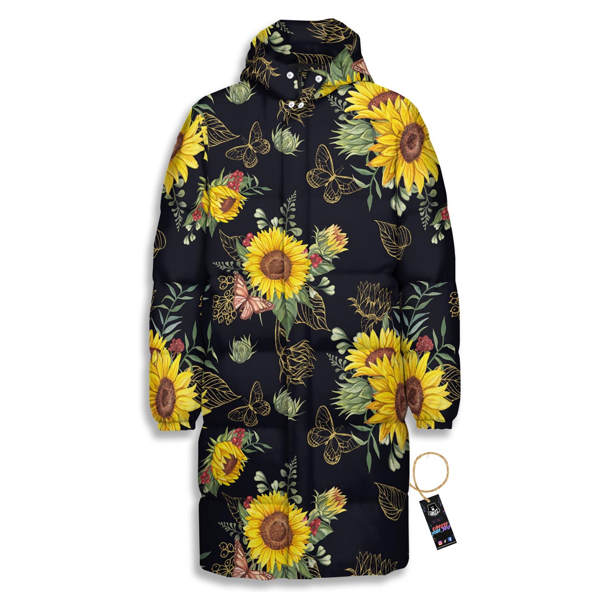Sunflower Field Print Pattern Long Down Jacket-grizzshop