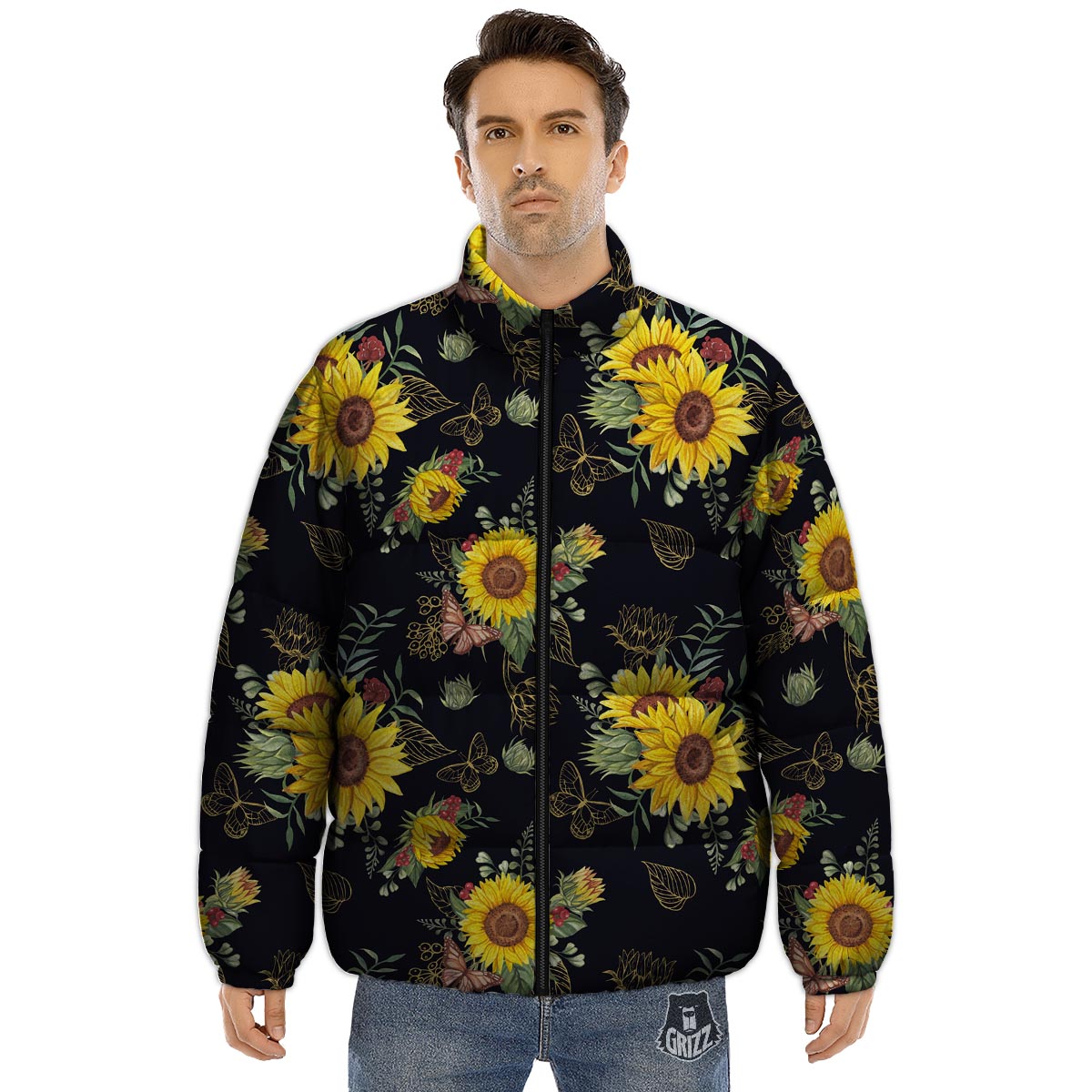 Sunflower Field Print Pattern Puffer Jacket-grizzshop