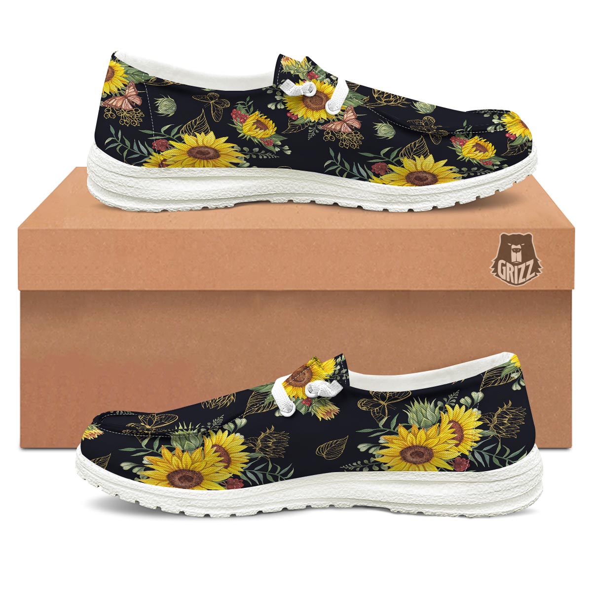 Sunflower Field Print Pattern White Loafers-grizzshop