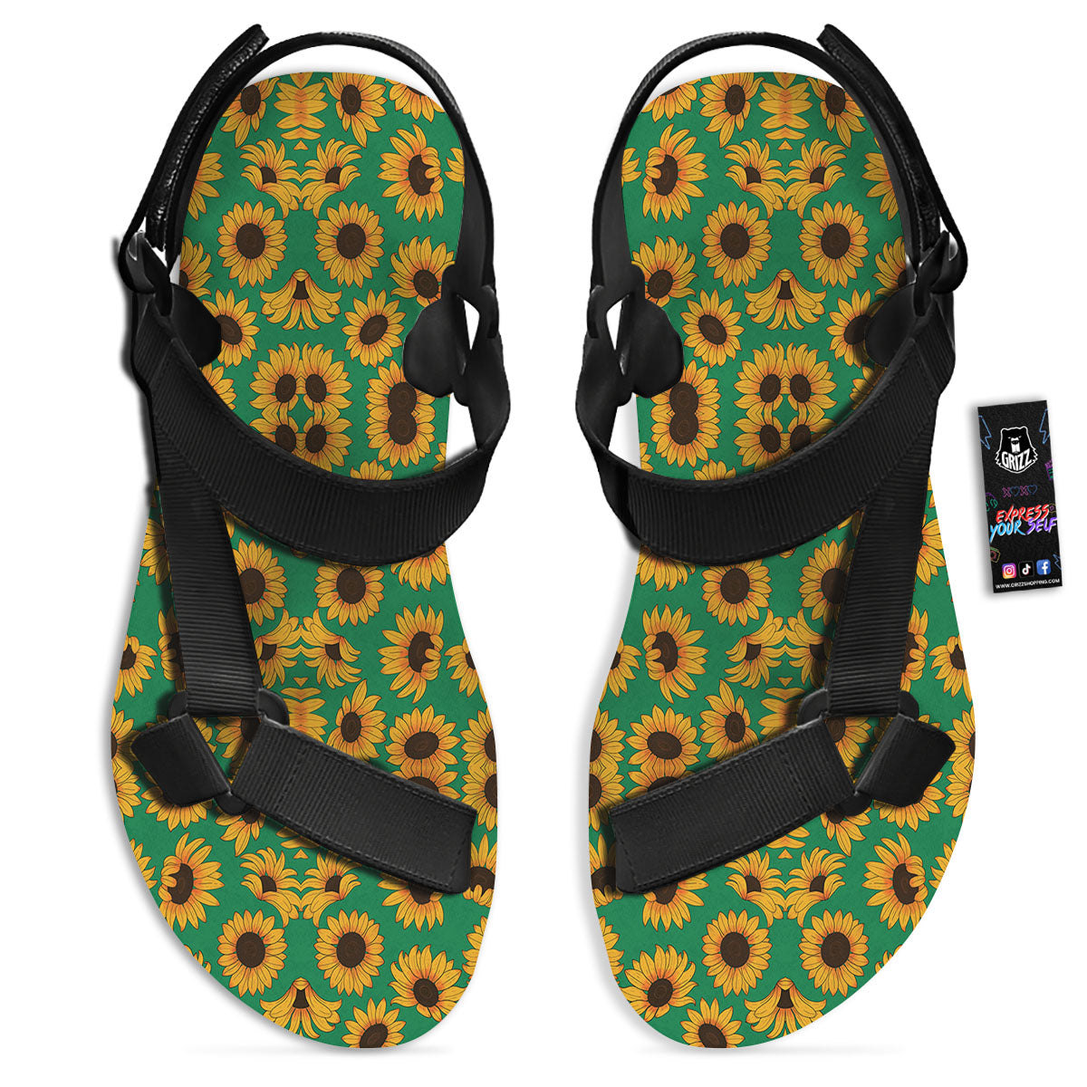 Sunflower Green Print Pattern Black Open Toe Sandals-grizzshop