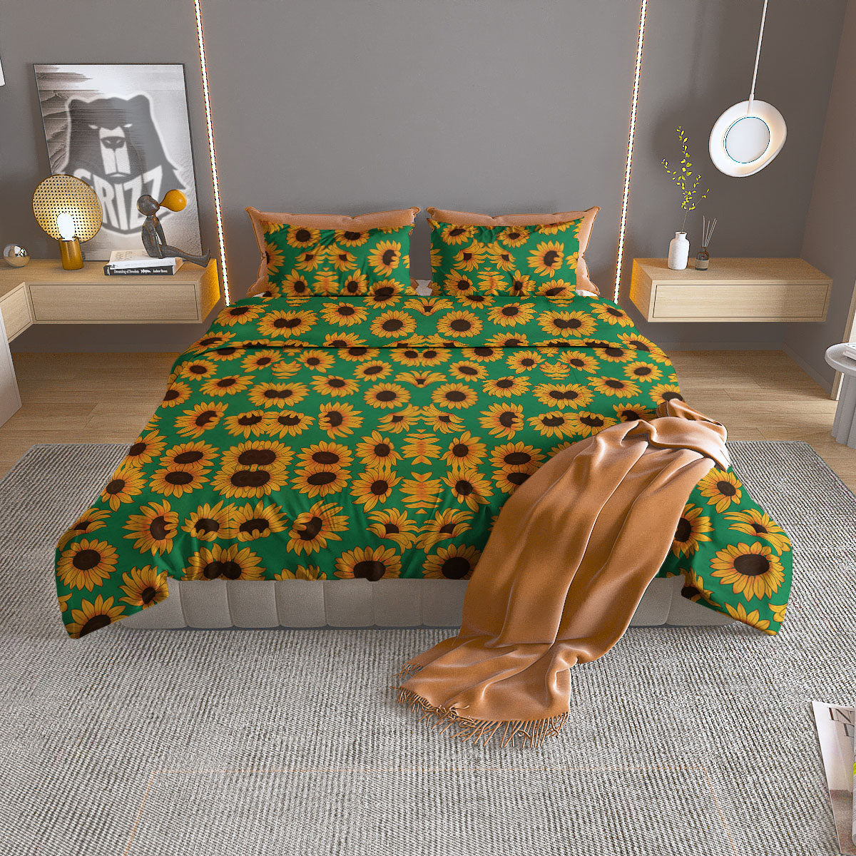 Sunflower Green Print Pattern Duvet Cover Bedding Set-grizzshop